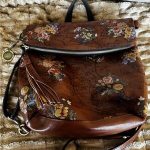 Patricia Nash LUZILLE Convertible Leather Backpack Brown European Map w/ Flowers